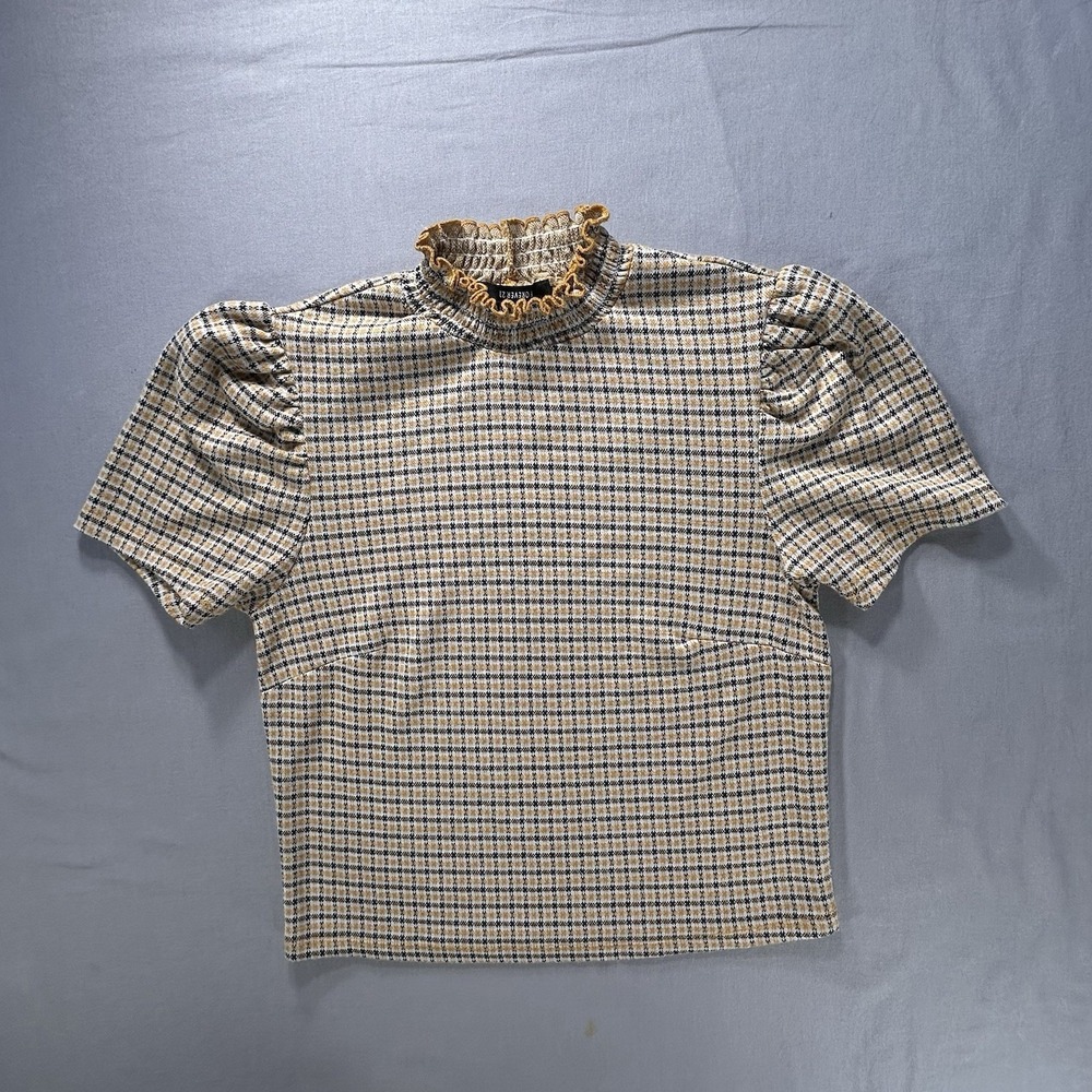 Forever 21 Mock Neck Plaid Short Puffed Sleeve Cropped Women's‎ Medium Peppy